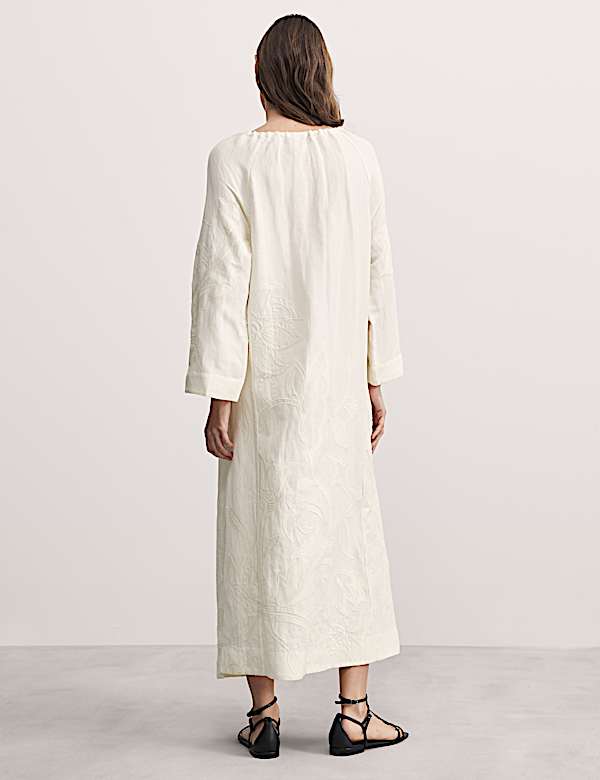 Linen Rich Embroidered Tie Neck Midi Shift Dress - CA