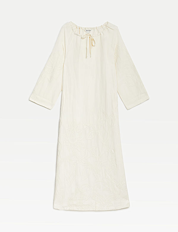Linen Rich Embroidered Tie Neck Midi Shift Dress - CA