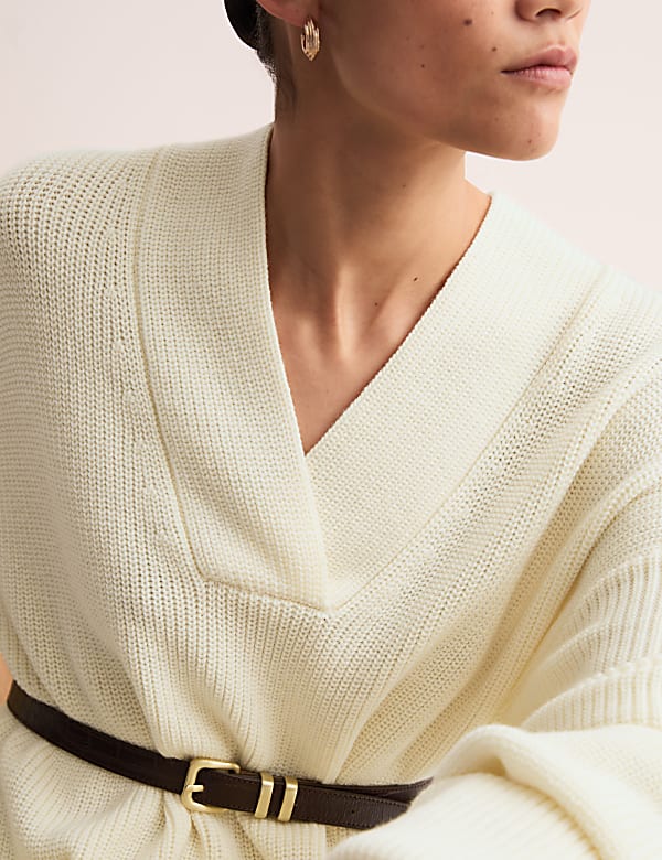 Pure Merino Wool Knitted V-Neck Dress - CA