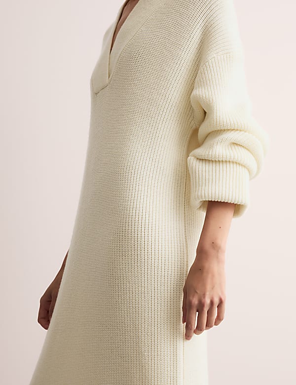 Pure Merino Wool Knitted V-Neck Dress - CA