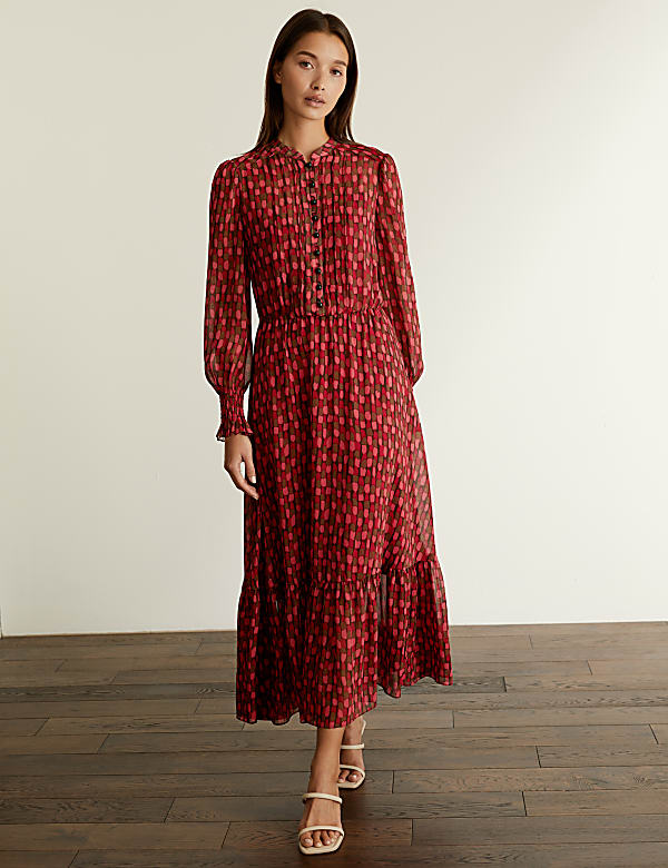 Printed Button Front Maxi Waisted Dress