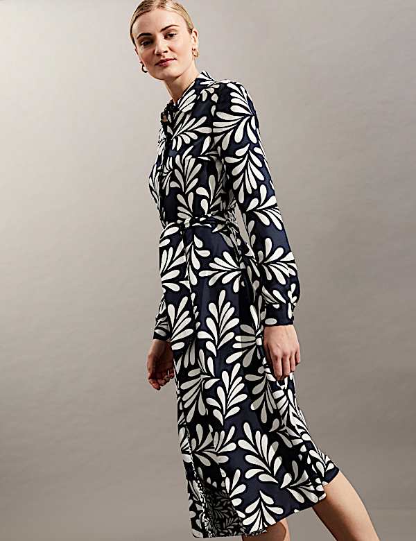 Robe midi style chemise 100&nbsp;% soie &agrave; motif fleuri - BE