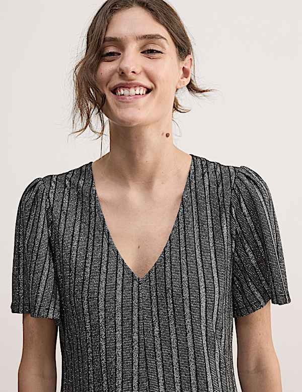 Gaun Skater Midi Kerah V Jersey Metalik - ID