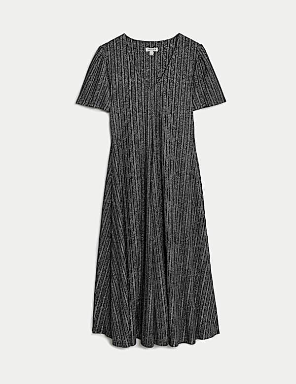 Gaun Skater Midi Kerah V Jersey Metalik - ID