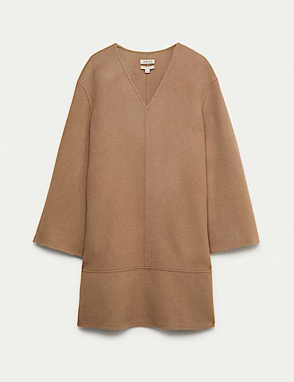 Vestido camisero por la rodilla de cuello en pico 100 % lana - ES