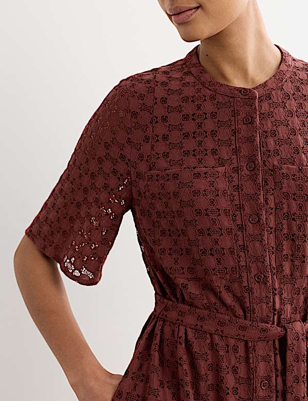 Robe chemise midi en coton m&eacute;lang&eacute; avec dentelle - BE