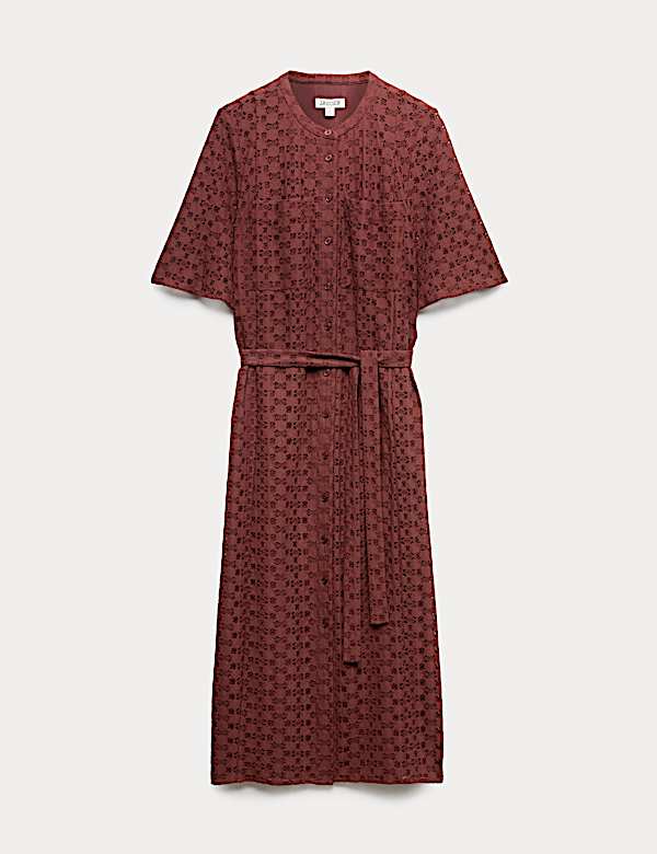 Robe chemise midi en coton m&eacute;lang&eacute; avec dentelle - BE