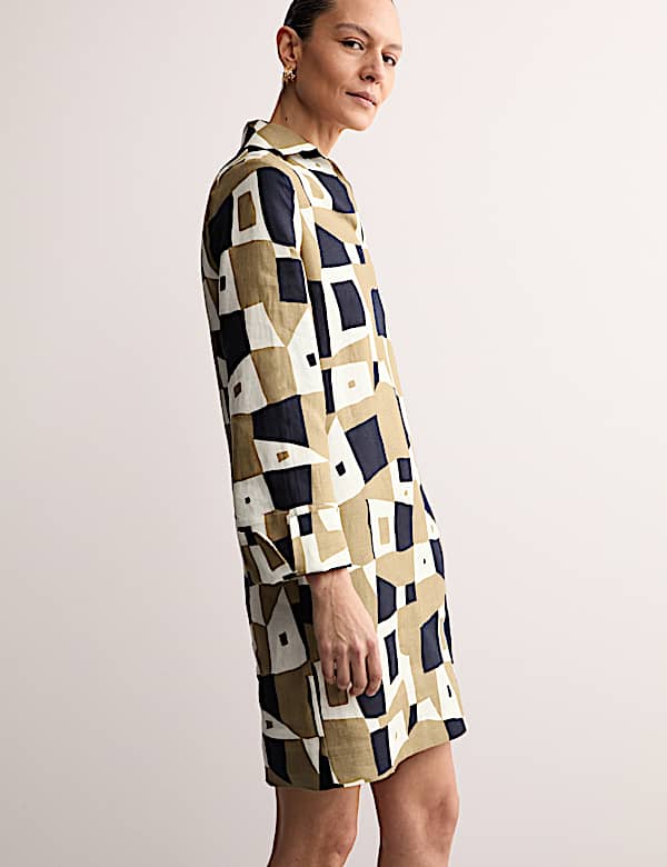 Pure Linen Printed Collared Shift Dress - GR