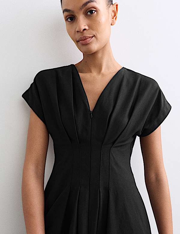 Lyocell Blend V-Neck Midi Skater Dress - CA