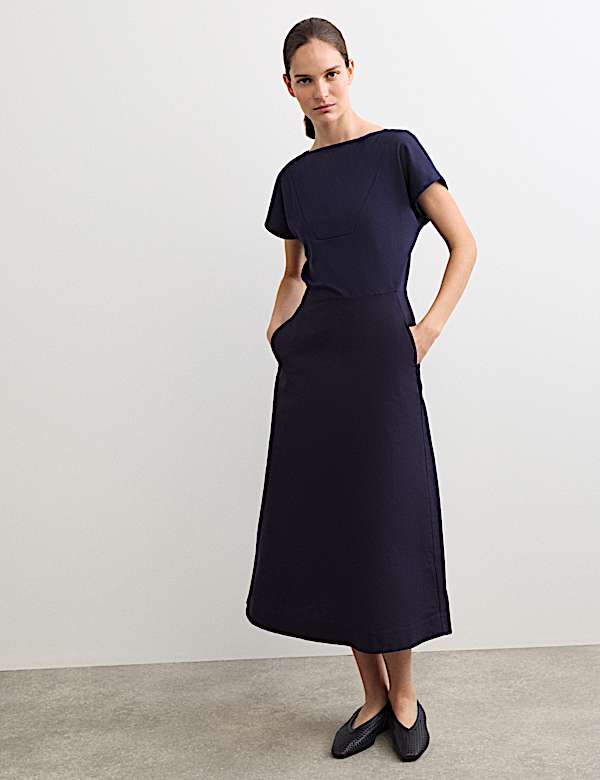 knee length dresses for ladies Annalise Navy Bandeau Skater Midi Dress – Club L London main image 1
