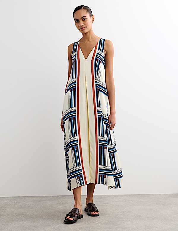 Checked V-Neck Midi Column Dress | BLUE MIX | Dresses | M&S FR