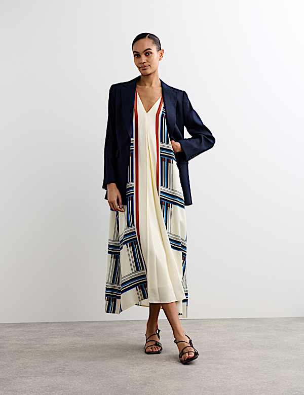 Robe midi coupe droite &agrave; carreaux et col en V - BE