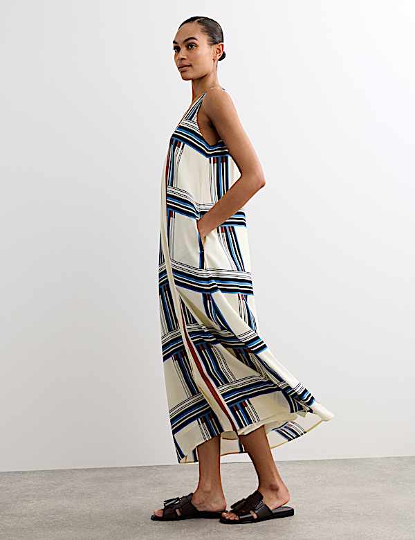 Robe midi coupe droite &agrave; carreaux et col en V - BE