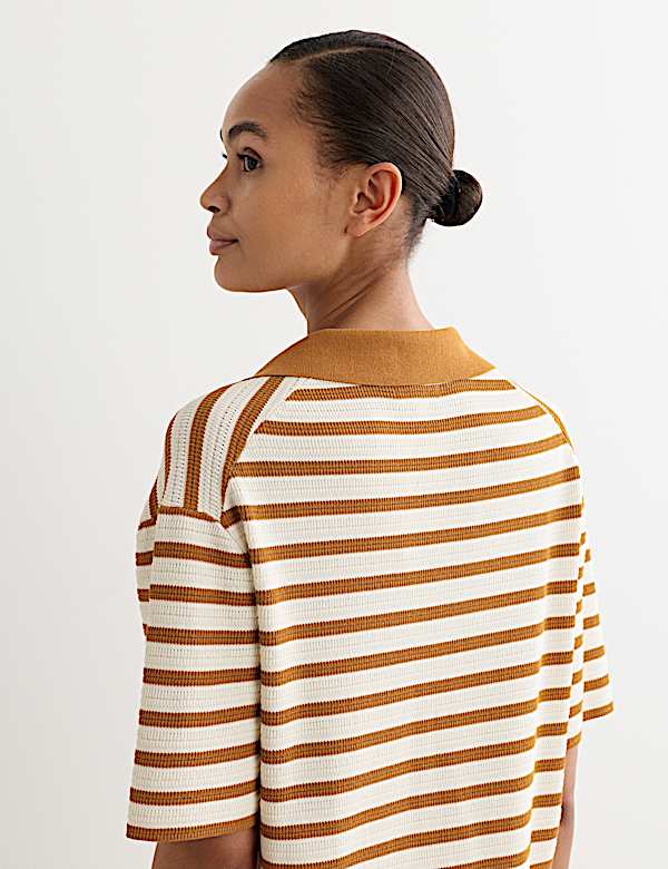 Cotton Blend Knitted Striped V-Neck Dress - BE