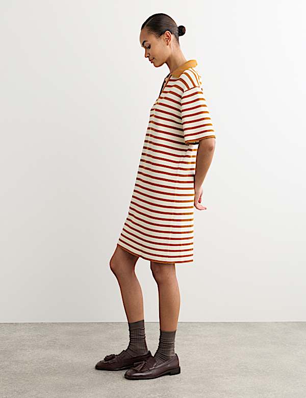 Cotton Blend Knitted Striped V-Neck Dress - BE