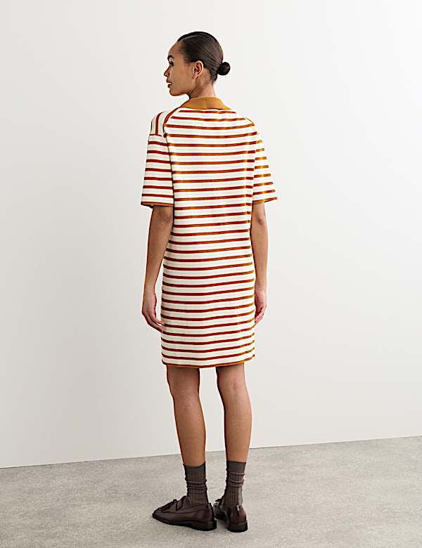 Cotton Blend Knitted Striped V-Neck Dress - BE