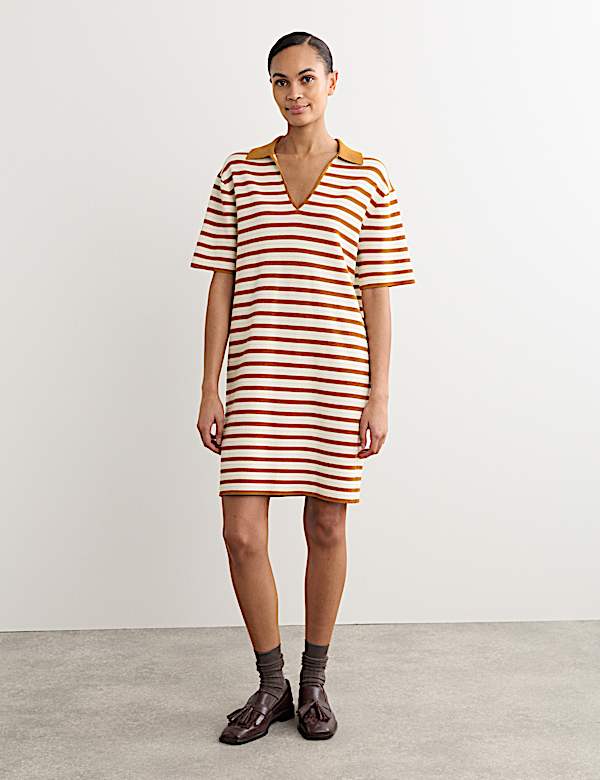 Cotton Blend Knitted Striped V-Neck Dress - BE