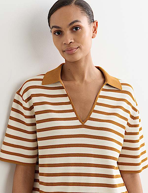 Cotton Blend Knitted Striped V-Neck Dress - BE