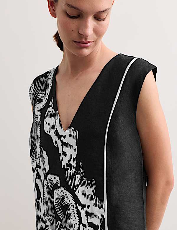 Robe midi 100 % lin &agrave; col en V et motif corail - CA