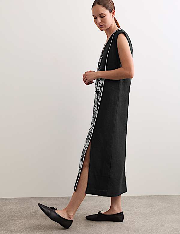 Robe midi 100 % lin &agrave; col en V et motif corail - CA