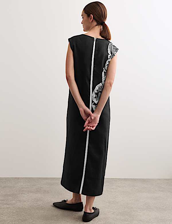 Robe midi 100 % lin &agrave; col en V et motif corail - CA