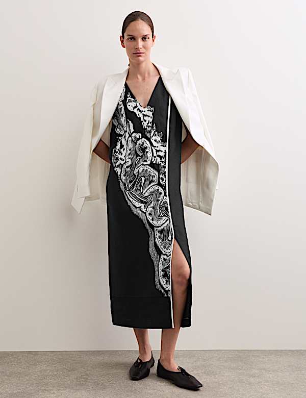 Robe midi 100 % lin &agrave; col en V et motif corail - CA