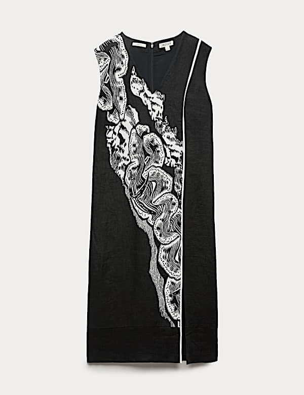 Robe midi 100 % lin &agrave; col en V et motif corail - CA