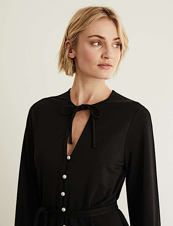 Jersey Tie Neck Button Through Midi Dress - AU