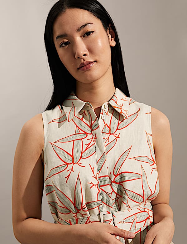 Pure Linen Floral Midi Skater Dress - CA