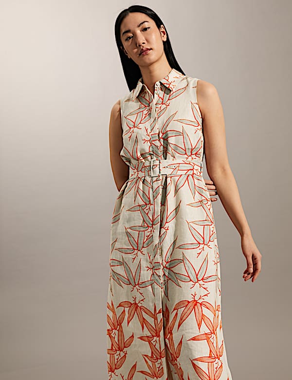 Pure Linen Floral Midi Skater Dress - CA