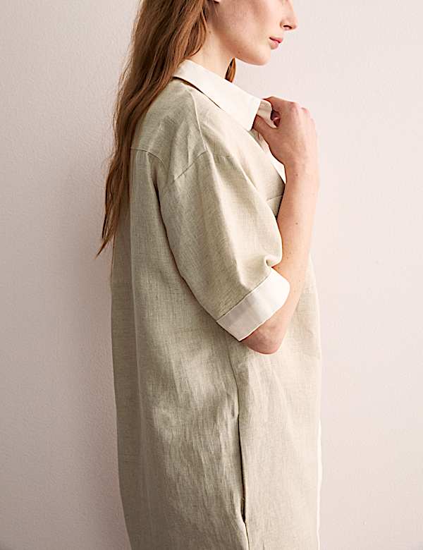 Pure Linen Knee Length Shirt Dress - NL