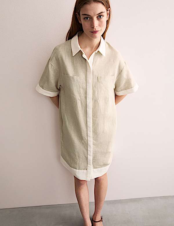 Pure Linen Knee Length Shirt Dress - NL