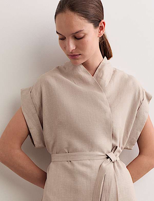 Pure Linen V-Neck Midi Wrap Dress - ES
