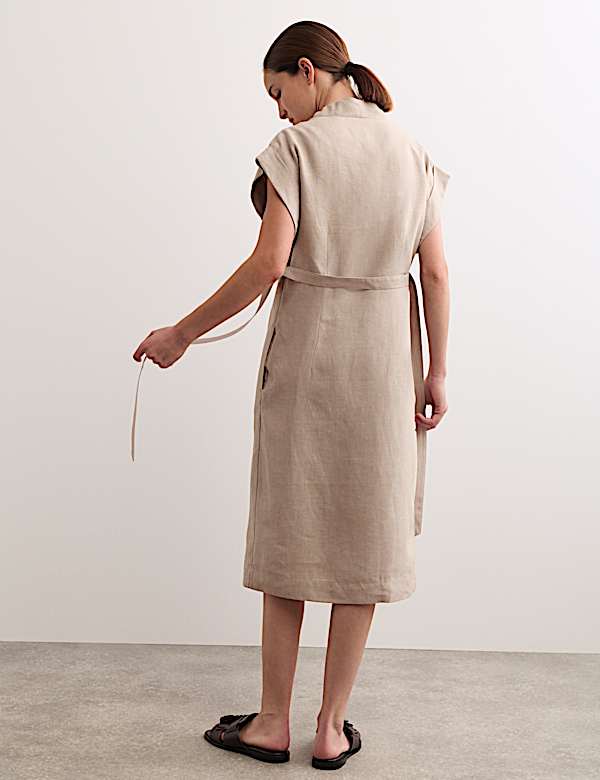 Pure Linen V-Neck Midi Wrap Dress - ES