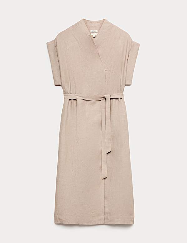 Pure Linen V-Neck Midi Wrap Dress - ES