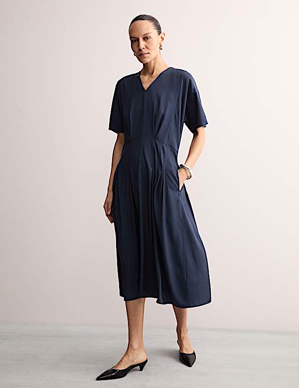V-Neck Pintuck Midi Waisted Dress - AU