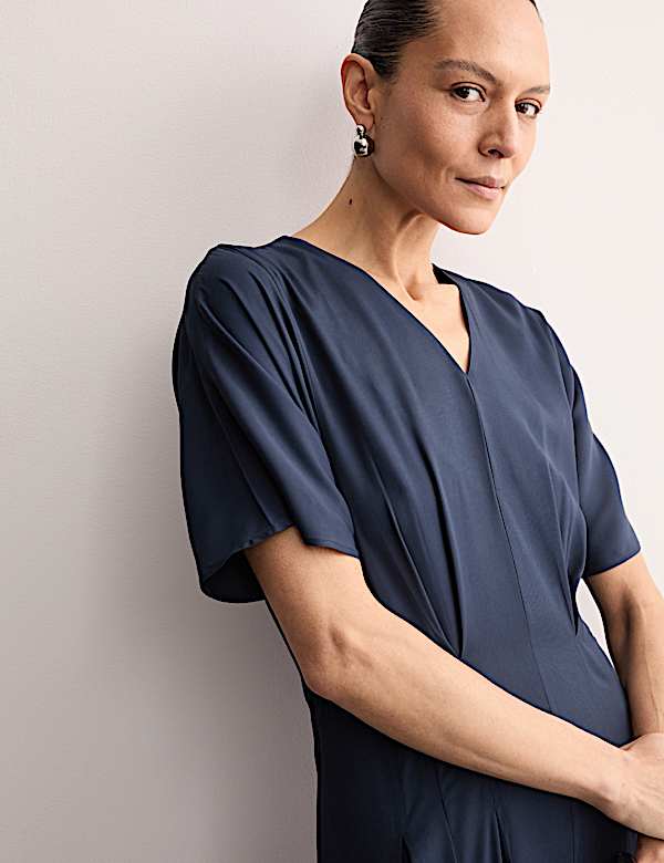 V-Neck Pintuck Midi Waisted Dress - AU