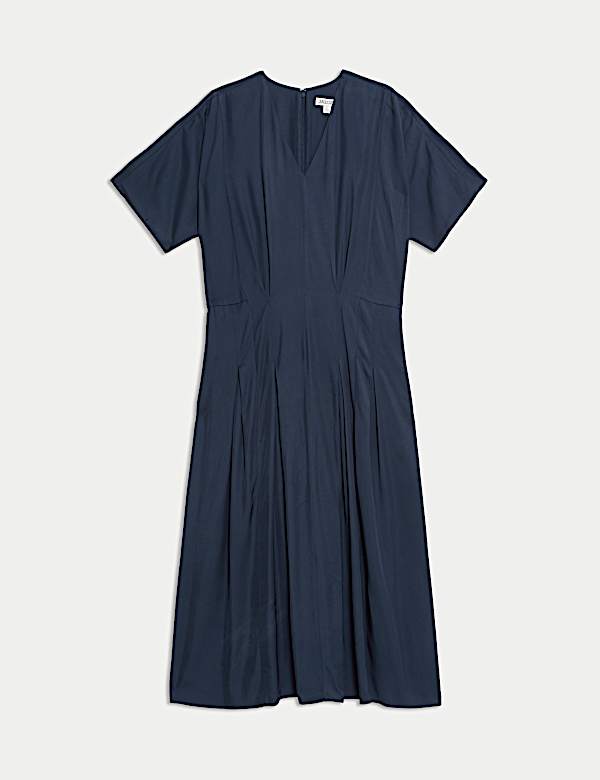 V-Neck Pintuck Midi Waisted Dress - AU