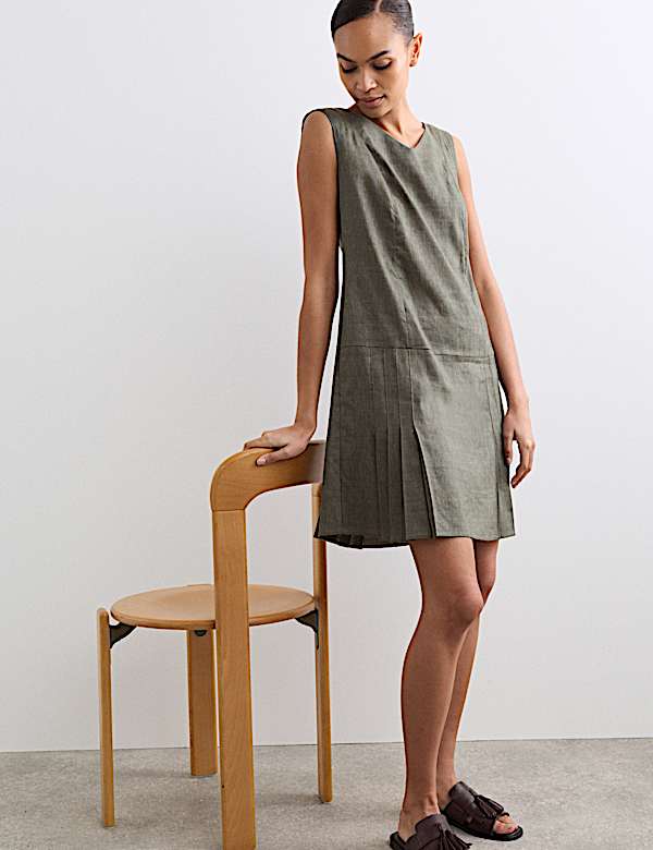 Linen Blend V-Neck Knee Length Shift Dress - NZ