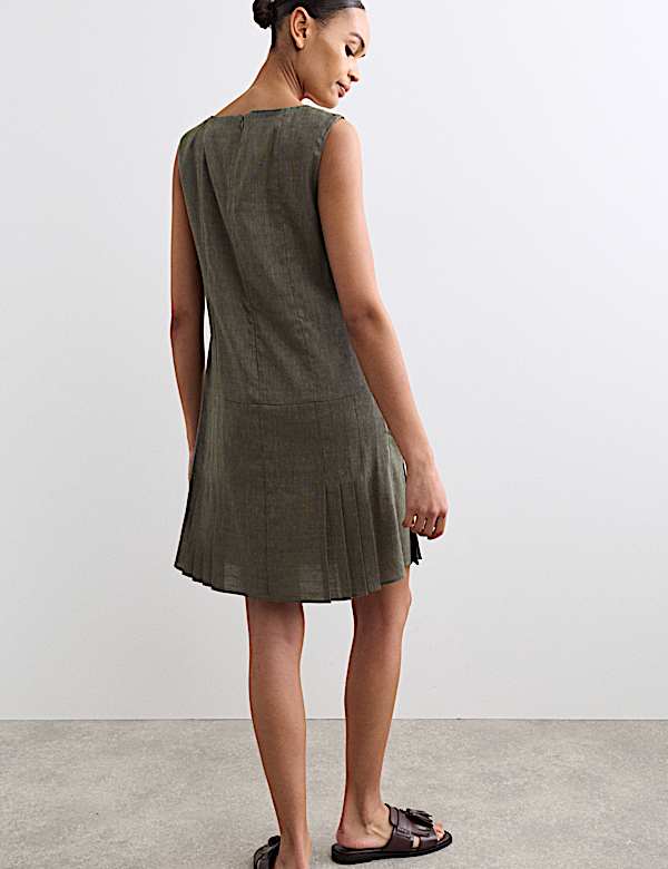 Linen Blend V-Neck Knee Length Shift Dress - NZ
