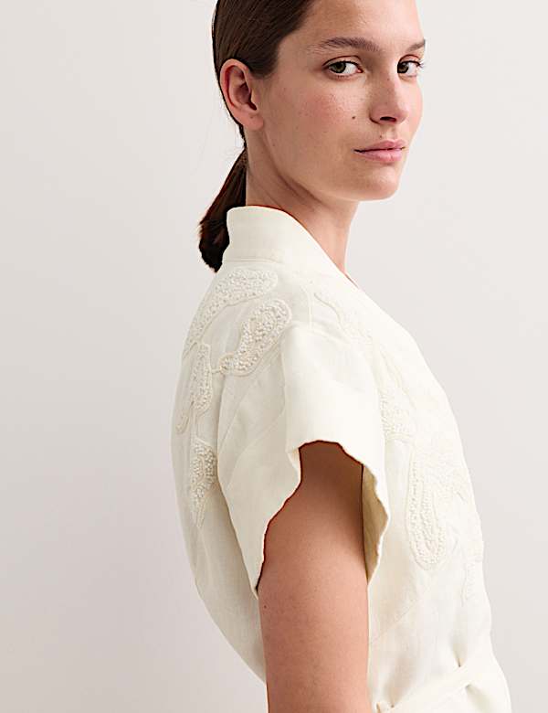 Pure Linen Embroidered V-Neck Wrap Dress - CH