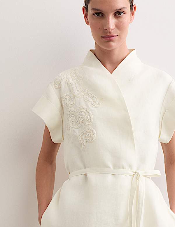 Pure Linen Embroidered V-Neck Wrap Dress - CH