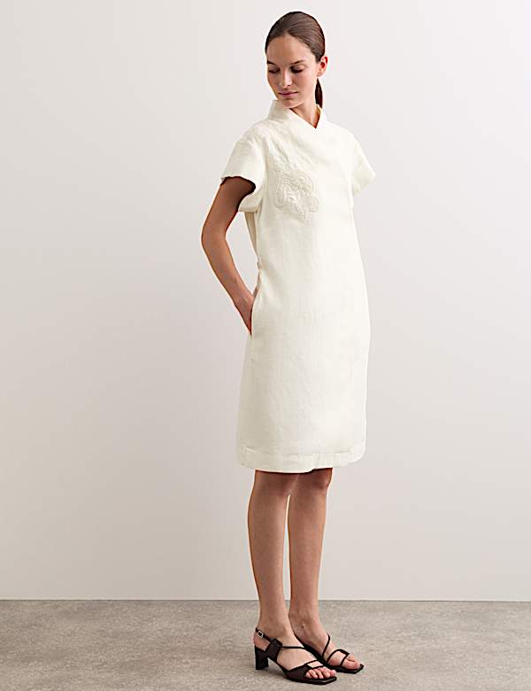Pure Linen Embroidered V-Neck Wrap Dress - CH