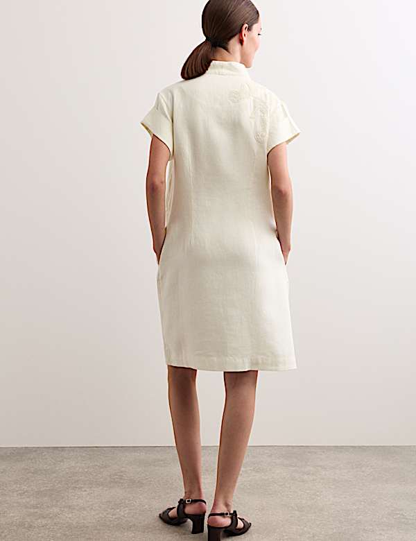 Pure Linen Embroidered V-Neck Wrap Dress - CH