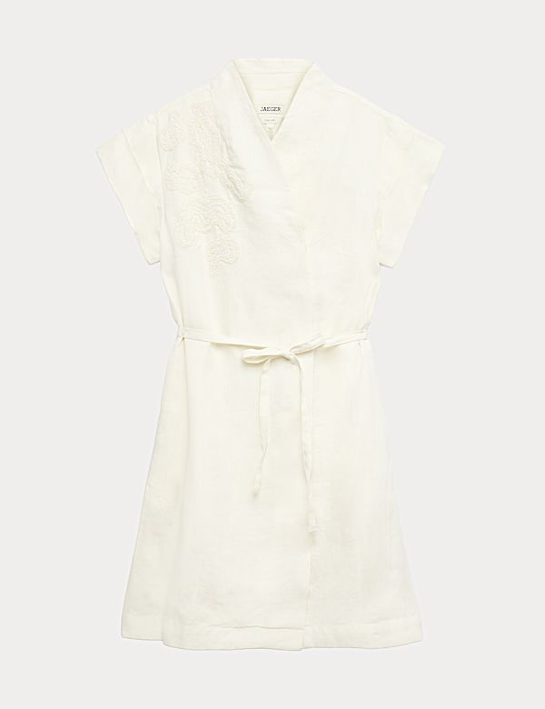 Pure Linen Embroidered V-Neck Wrap Dress - CH