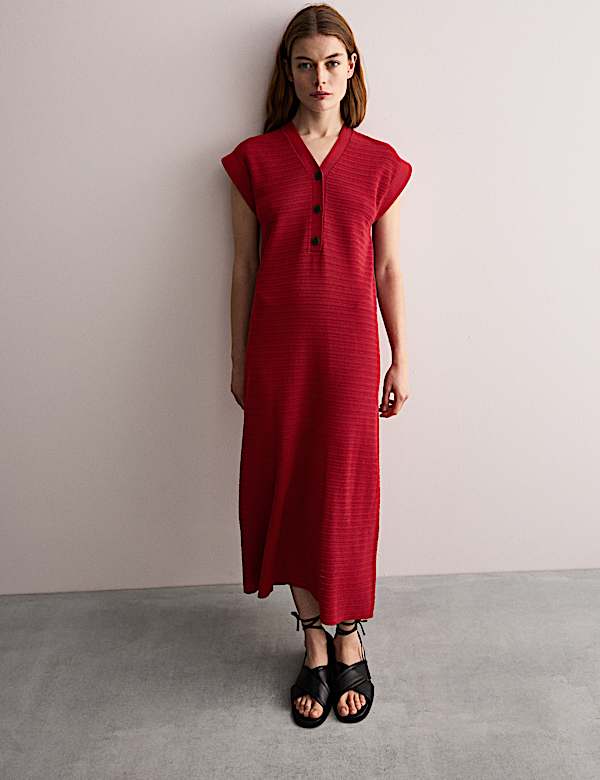 Μίντι πλεκτό φόρεμα με λαιμόκοψη V από σύμμεικτο βαμβάκι - GR