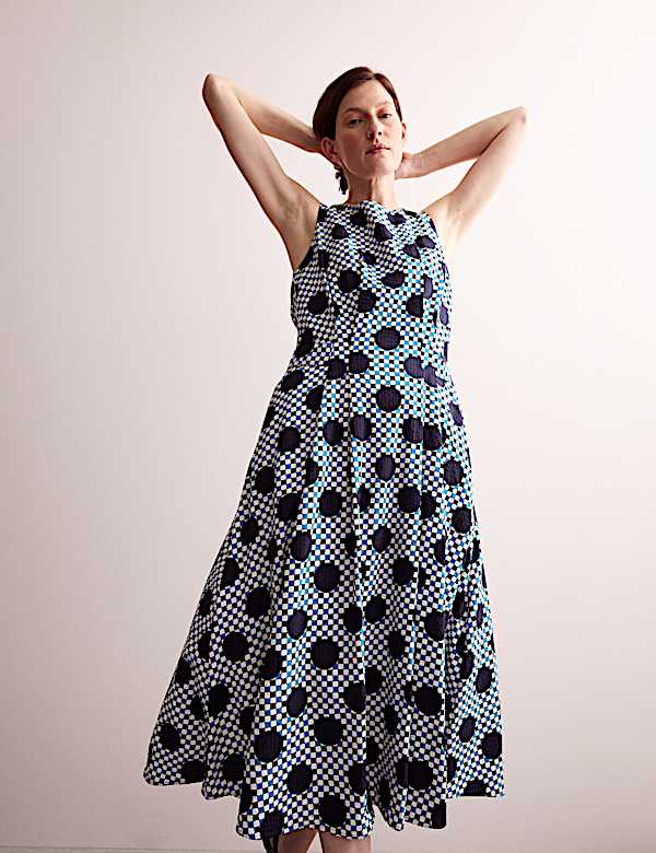 Μίντι καρό φόρεμα με πουά μοτίβο από σύμμεικτο βαμβάκι - GR