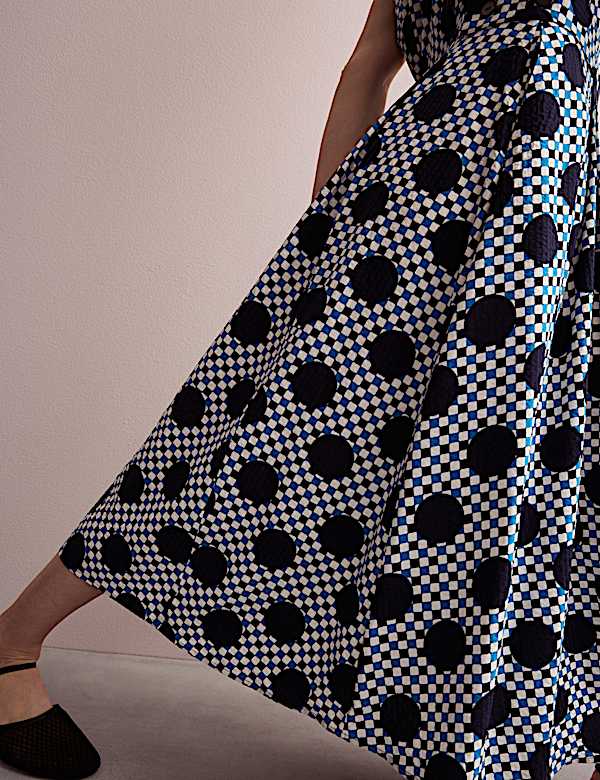 Μίντι καρό φόρεμα με πουά μοτίβο από σύμμεικτο βαμβάκι - GR