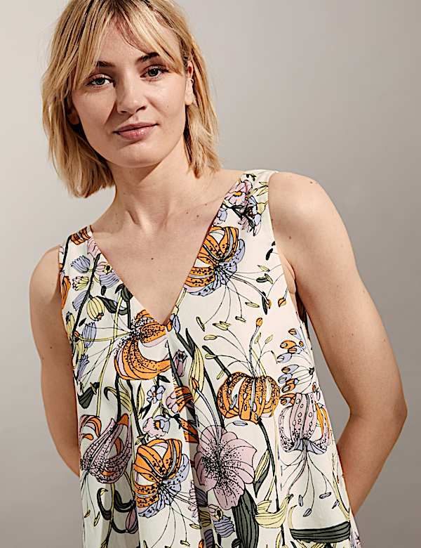 Gaun Terusan Midi Katun Murni Kerah V Motif Bunga - ID