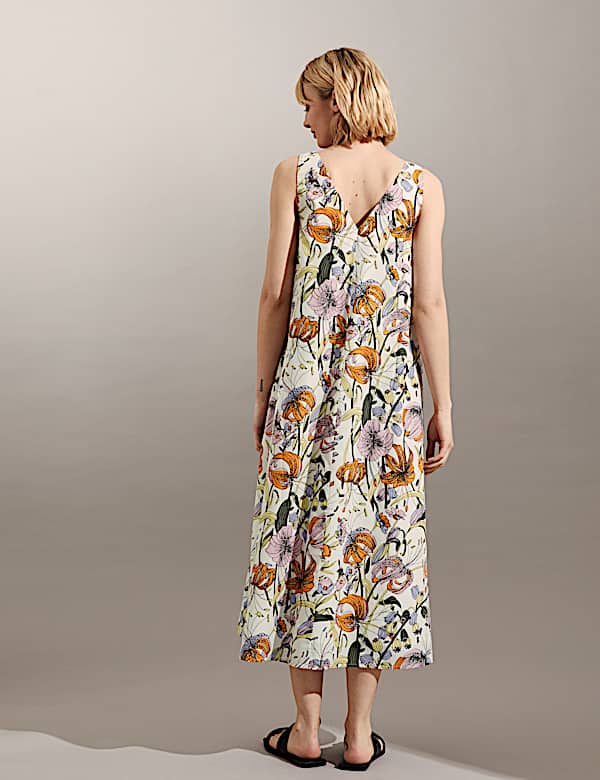 Gaun Terusan Midi Katun Murni Kerah V Motif Bunga - ID